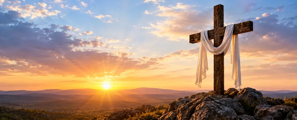 Wooden cross draped with white cloth at sunrise
